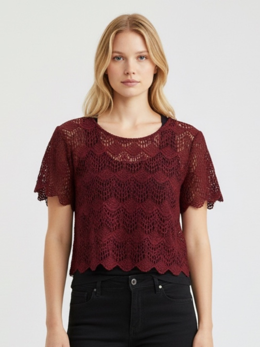 Forever 21 Burgundy Lace Short Sleeve Crop Blouse Top Scalloped Hem Small